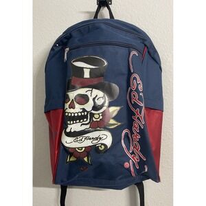 ED HARDY Skull with  Top Hat‎ Zip Up Backpack With 4 Pockets Blue & Red